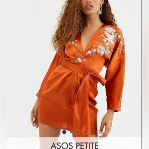 ASOS Kimono inspired satin mini tie waist dress. Burnt Orange.